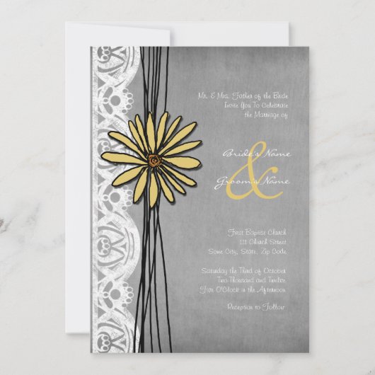 Vintag-Gelb-und Grau-Daisy Hochzeit Einladung (Vorderseite)