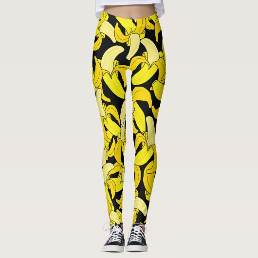 Vintag Gelbe Bananen: Schwarzer Hintergrund Leggings (Vorderseite)