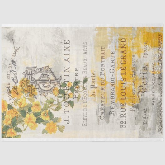 Vintag Gelbe Blumengrunge Ephemere Dekoupage Seidenpapier (Vorderseite)