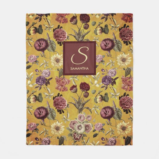 Vintag gelbe florale Monogramm Fleecedecke (Vorderseite)