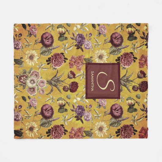 Vintag gelbe florale Monogramm Fleecedecke (Vorderseite (Horizontal))