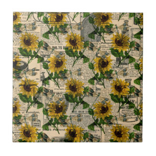 Vintag Gelbe Sonnenblume Zeitung Dragonfly Fliese