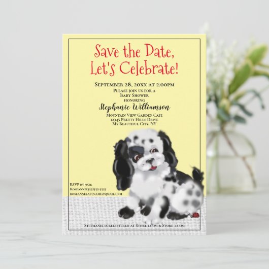 Vintag-Gelber Hund Welpendusche Einladung (Stehend Vorderseite)