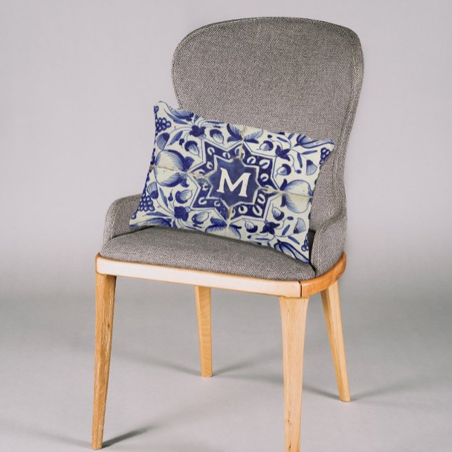 Vintag geometrische blaue Tile Mit Monogramm Dekokissen (Von Creator hochgeladen)