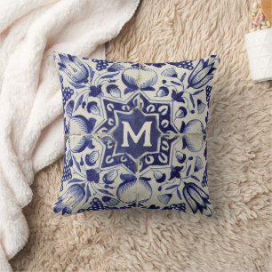 Vintag geometrische blaue Tile Mit Monogramm Kissen