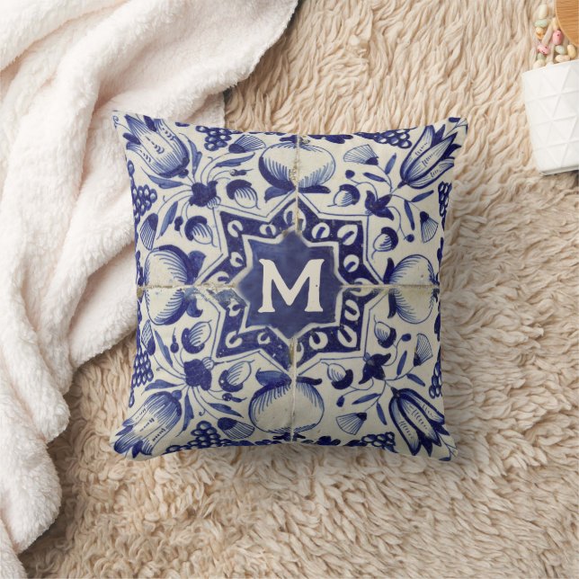Vintag geometrische blaue Tile Mit Monogramm Kissen (Decke)