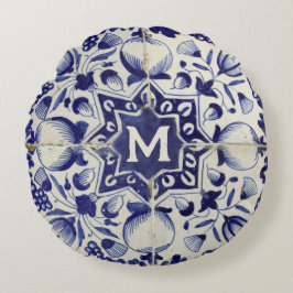 Vintag geometrische blaue Tile Mit Monogramm Rundes Kissen