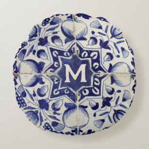 Vintag geometrische blaue Tile Mit Monogramm Rundes Kissen