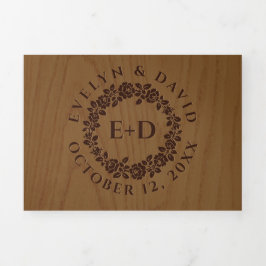 Vintag geprägter Rose-Kranz, rustikale Holzhochzei Dreifach Gefaltete Einladung