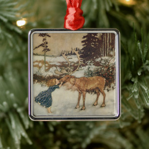Vintag Gerda und Reindeer von Edmund Dulac Silbernes Ornament