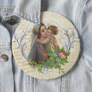 Vintag gesegnete Jungfrau Mary Jesus Rose Button