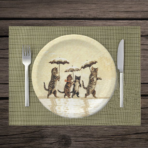 Vintag gestreifte Katzen Schnee Pappteller