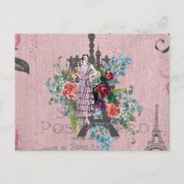 Vintag Girl Corloful Rote Rosen Paris Eiffel Tower Postkarte