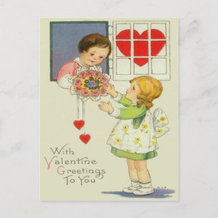 Vintag Girl Giving Bouquet Blume Valentine Feiertagspostkarte
