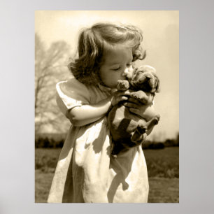 Vintag Girl Kisses Puppy Poster