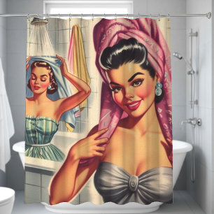 Vintag Girls Shower Illustration Duschvorhang