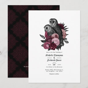 Vintag Glam Burgundy Owls Gothic Wedding QR Code Einladung