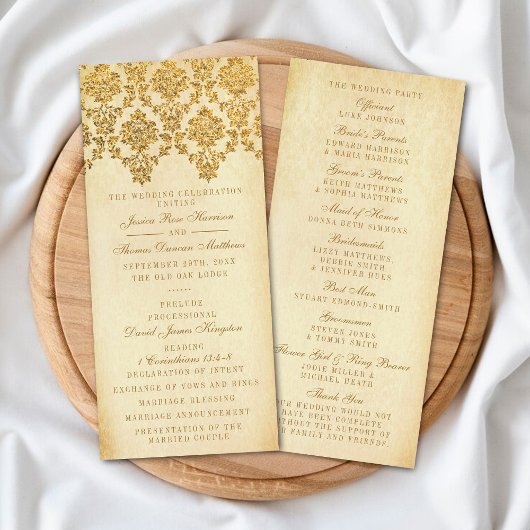 Vintag Glam Gold Damask Hochzeitsprogramm Werbekarte