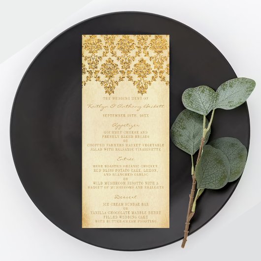Vintag Glam Gold Damask Wedding Memu Werbekarte