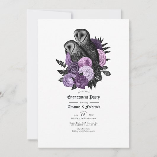 Vintag Glam Lila Owls Gothic Engagement Party Einladung (Vorderseite)