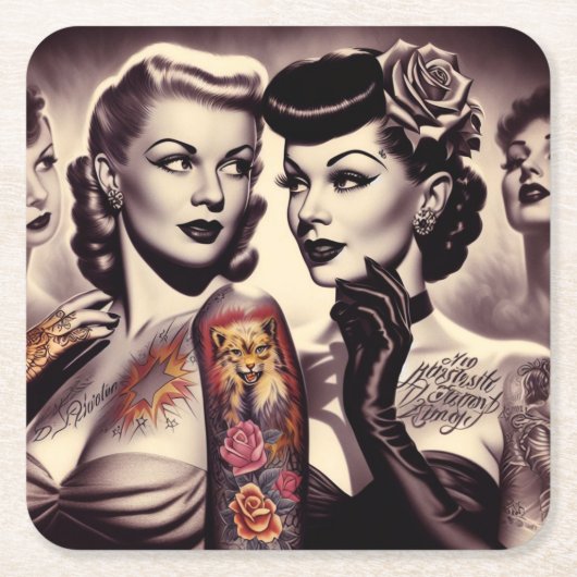 Vintag Glam Tattoo Pinups Rechteckiger Pappuntersetzer (Vorderseite)