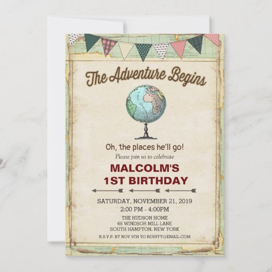 Vintag Globe Reise 1. Geburtstag Einladung (Vorderseite)