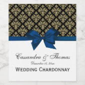 Vintag Gold Black Damask Navy Blue Bow Weinetikett (Einzelnes Label)