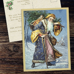 Vintag Gold Blue Father Weihnachtsbaum und Spielze Feiertagspostkarte