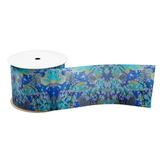 Vintag Gold Blue Japanisch Kimono Blume Satinband (Spule)