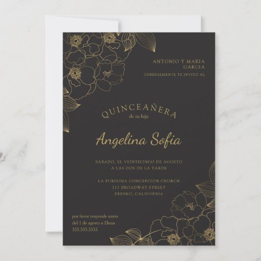 Vintag Gold Floral Quinceanera Einladung (Vorderseite)