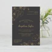 Vintag Gold Floral Quinceanera Einladung (Stehend Vorderseite)