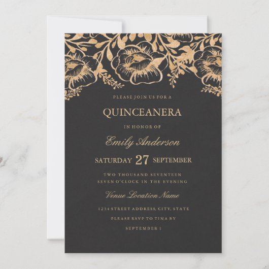 Vintag Gold Floral Quinceanera Einladung (Vorderseite)