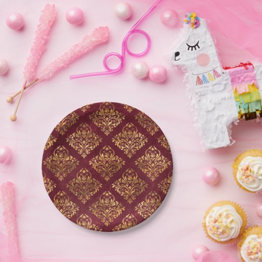 Vintag Gold Maroon Damask Muster Pappteller (Party)