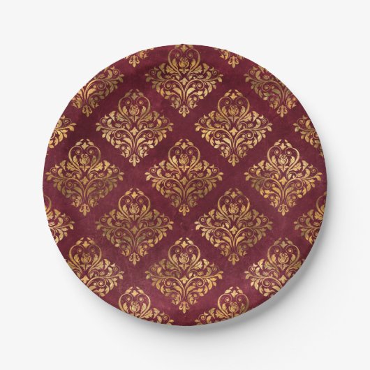 Vintag Gold Maroon Damask Muster Pappteller (Vorderseite)