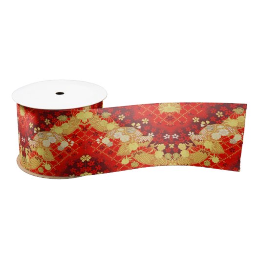 Vintag Gold Red Japanisch Kimono Blume Satinband (Spule)