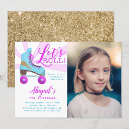 Vintag Gold Roller Skaten Birthday Party Foto Einladung