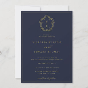 Vintag Gold Wappen Monogram Navy Hochzeit Einladung