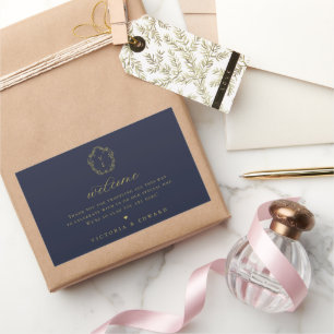 Vintag Gold Wappen Monogram Wedding Welcome Navy Rechteckiger Aufkleber