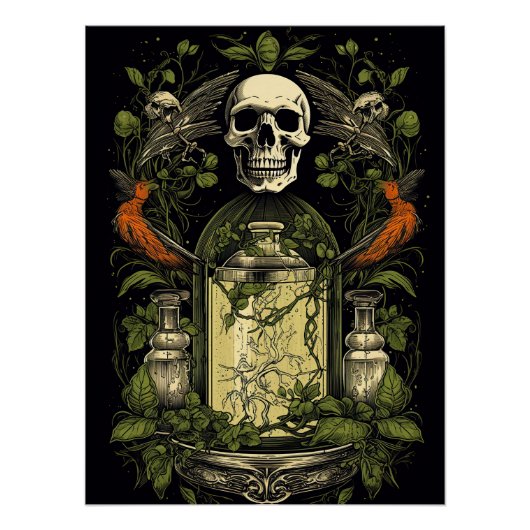 Vintag Goth Skeleton Skull Raven Poison Halloween Poster (Vorderseite)