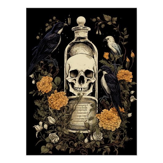 Vintag Goth Skeleton Skull Raven Poison Halloween Poster (Vorderseite)