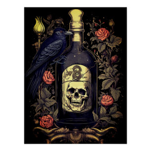 Vintag Goth Skeleton Skull Raven Poison Halloween Poster