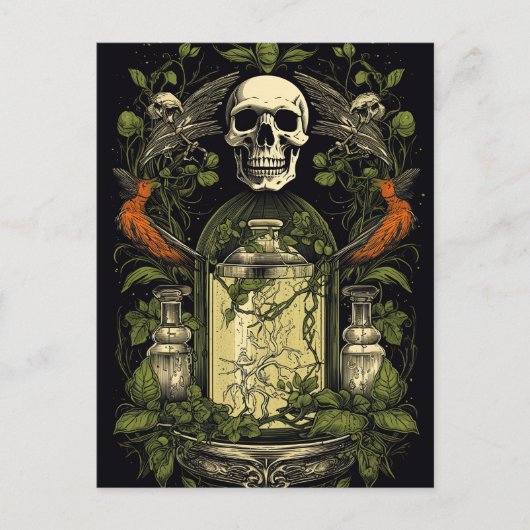 Vintag Goth Skeleton Skull Raven Poison Halloween Postkarte (Vorderseite)