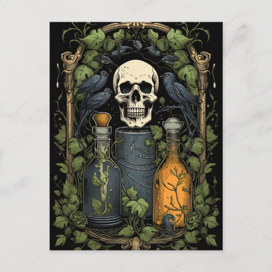 Vintag Goth Skeleton Skull Raven Poison Halloween Postkarte (Vorderseite)