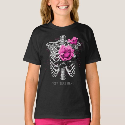 Vintag Gothic Pink Rose Skelett Personalisiert T-Shirt (Vorderseite)
