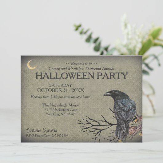 Vintag Gothic Raven Halloween-Party Einladung (Stehend Vorderseite)