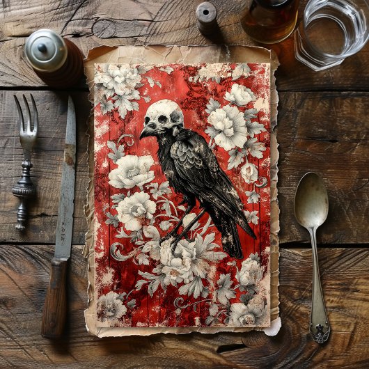 Vintag Gothic Red Floral Raven Decoupage Seidenpapier