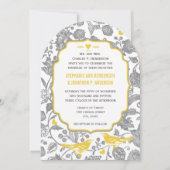 Vintag-Graue-Gelbe-Blütenvogel Hochzeit Einladung (Vorderseite)