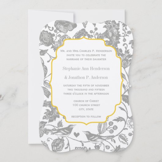 Vintag-Graue-Gelbe-Blütenvogel Hochzeit Einladung (Vorderseite)