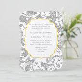 Vintag-Graue-Gelbe-Blütenvogel Hochzeit Einladung (Stehend Vorderseite)