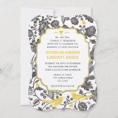 Vintag-Graue-Gelbe-Blütenvogel Hochzeit Einladung (Vorderseite)